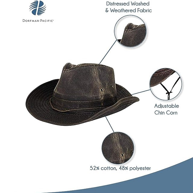 Dorfman Pacific Men's Weathered Cotton Outback Hat with Chin Cord
