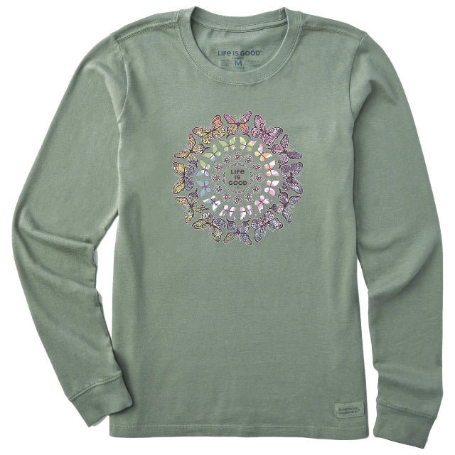 Life Is Good Women's Tie Dye Butterfly Daisy Mandala Long Sleeve Crusher Tee
