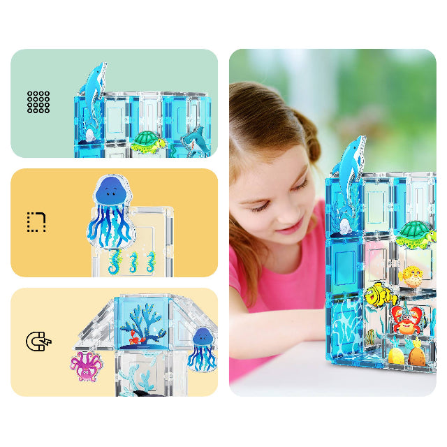 PicassoTiles 52pc Ocean Theme Magnetic Tile Building Set