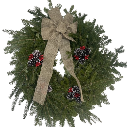 Fir Decorated Wreath with Fancy Bow, 12-inch Ring