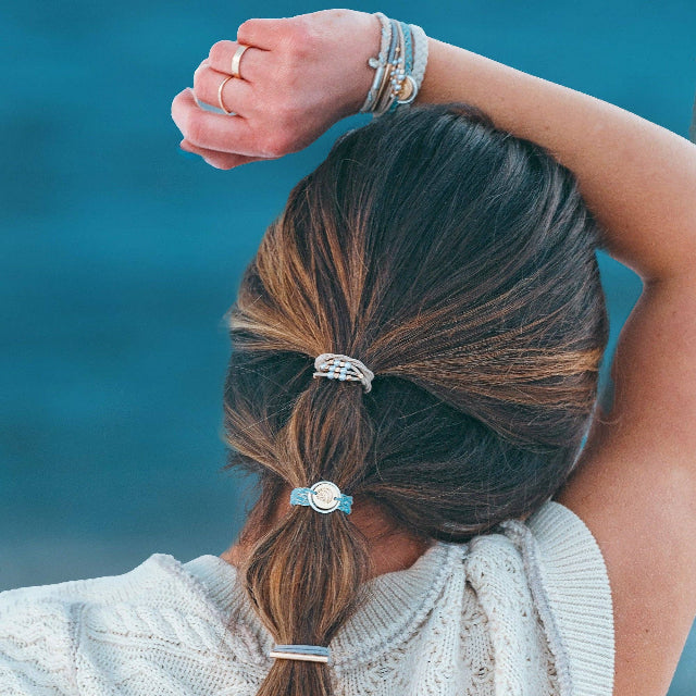 K'lani "Wonder" Soft Creams & Blues with Pearls & Gold Hair Tie Bracelets