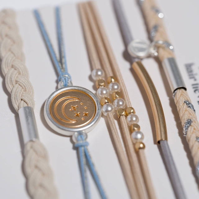 K'lani "Wonder" Soft Creams & Blues with Pearls & Gold Hair Tie Bracelets