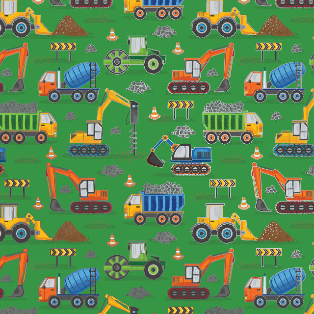 Construction Trucks Green Gift Wrap Roll 5' x 30"