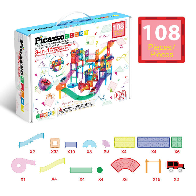 PicassoTiles 108pc Magnetic Marble Run & Racing Track Building Set
