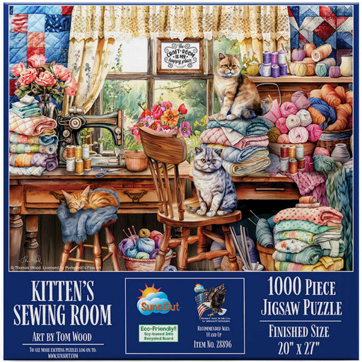 SunsOut 1000 Piece Jigsaw Puzzle, Kitten's Sewing Room
