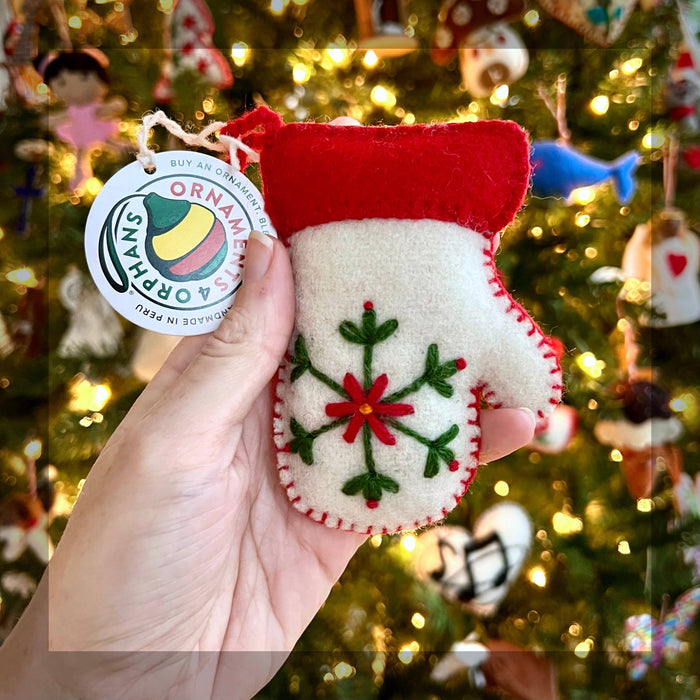 White Mitten Embroidered Wool Christmas Ornament