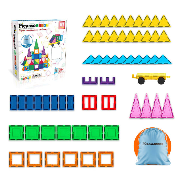 PicassoTiles 61pc Magnetic Tile Building Set with Bag