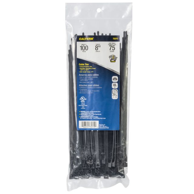 Calterm 8" Standard UVB Black Cable Ties 75 lb. 100-Pack