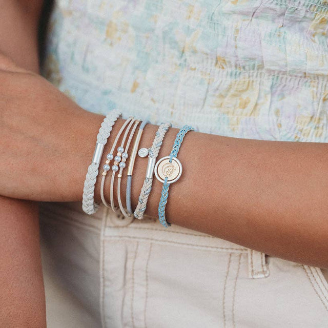 K'lani "Wonder" Soft Creams & Blues with Pearls & Gold Hair Tie Bracelets