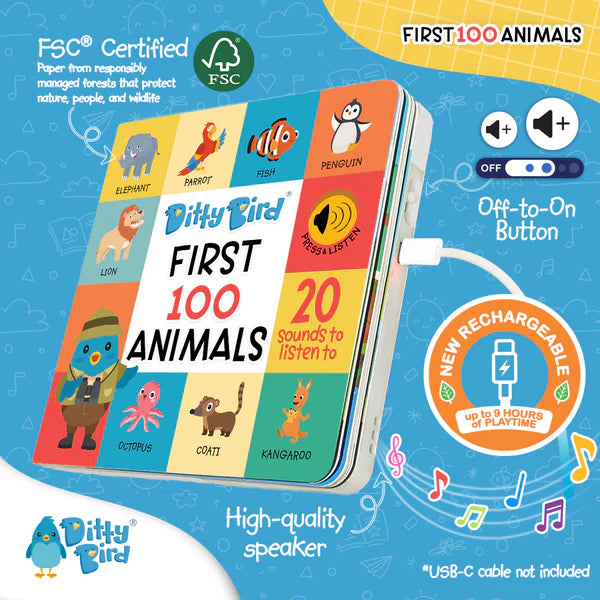 Ditty Bird First 100 Animals Sound Book | USB-C Rechargeable