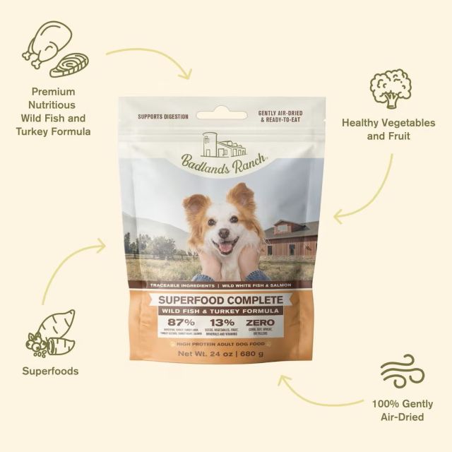 Badlands Ranch Superfood Complete Wild Fish & Turkey Air-Dried Dog Food 24 oz.