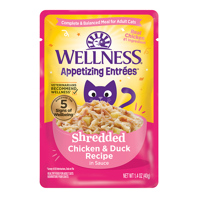 Wellness Appetizing Entrees Shredded Chicken & Duck Grain-Free Wet Cat Food, 1.4-oz pouch