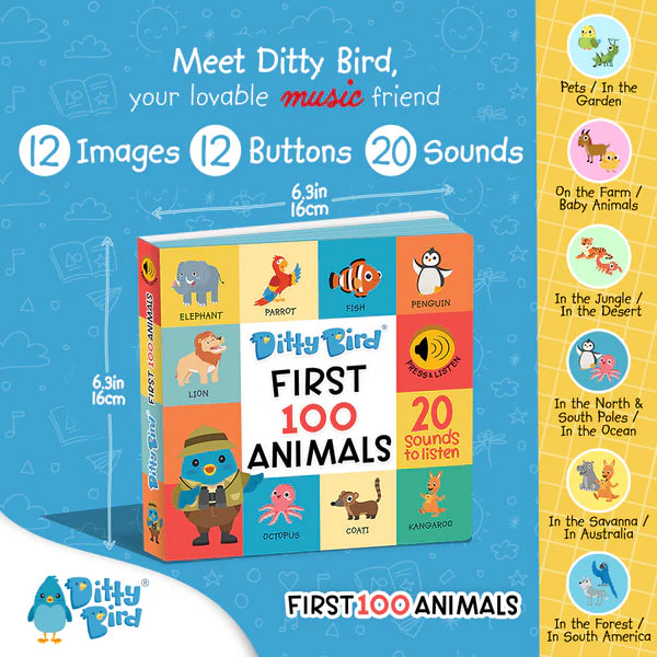 Ditty Bird First 100 Animals Sound Book | USB-C Rechargeable