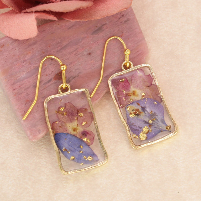 Purple Pink Dried Flower Rectangle Gold Earrings