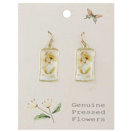 White Dried Flower Gold Rectangle Earrings