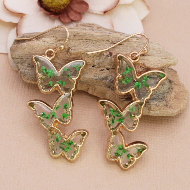 Butterfly Flock Dried Flower Gold Earrings