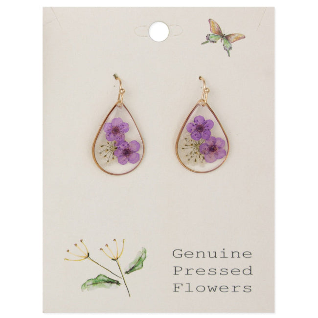 Lovely Lavender Dried Flower Gold Teardrop Earrings