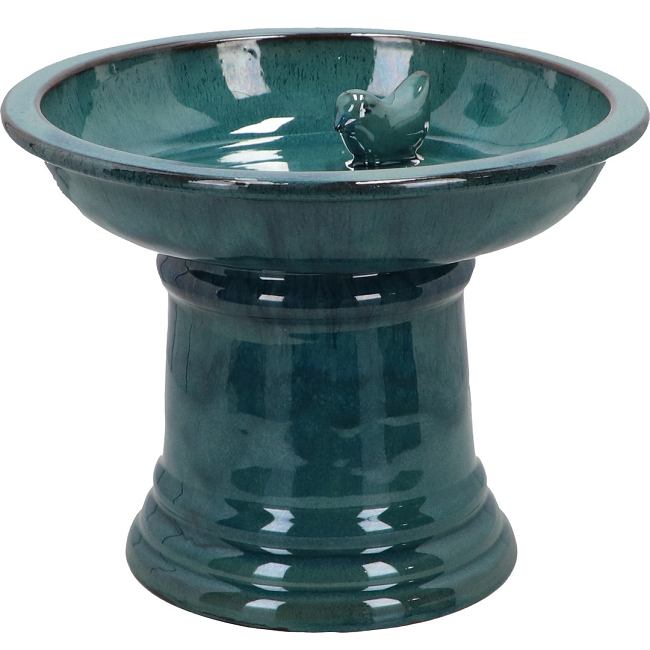 Round Ceramic Bird Bath with Bird Detail - "Petrol"/Blue Glaze