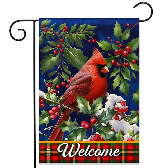 Cardinal and Holly Welcome Winter Garden Flag