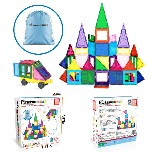 PicassoTiles 61pc Magnetic Tile Building Set with Bag