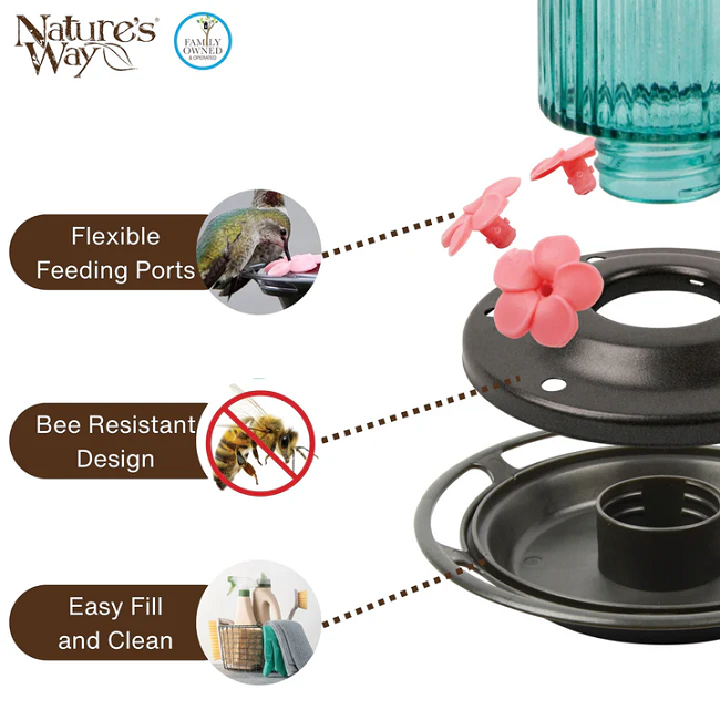 Nature's Way Antique Teal Glass Gravity Hummingbird Feeder