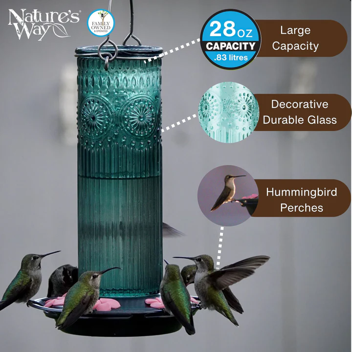 Nature's Way Antique Teal Glass Gravity Hummingbird Feeder
