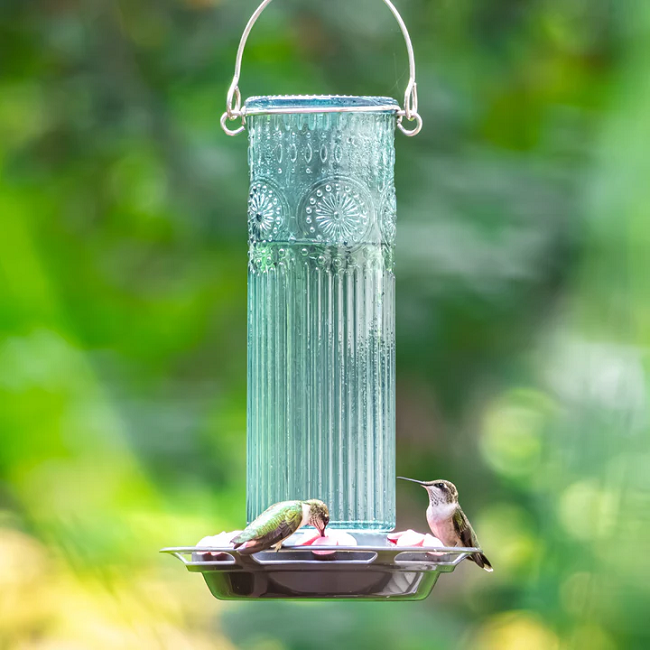 Nature's Way Antique Teal Glass Gravity Hummingbird Feeder