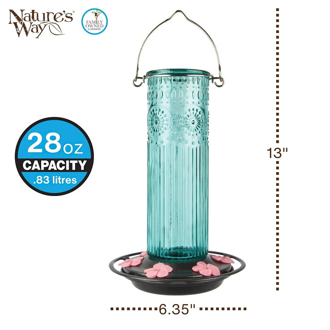 Nature's Way Antique Teal Glass Gravity Hummingbird Feeder