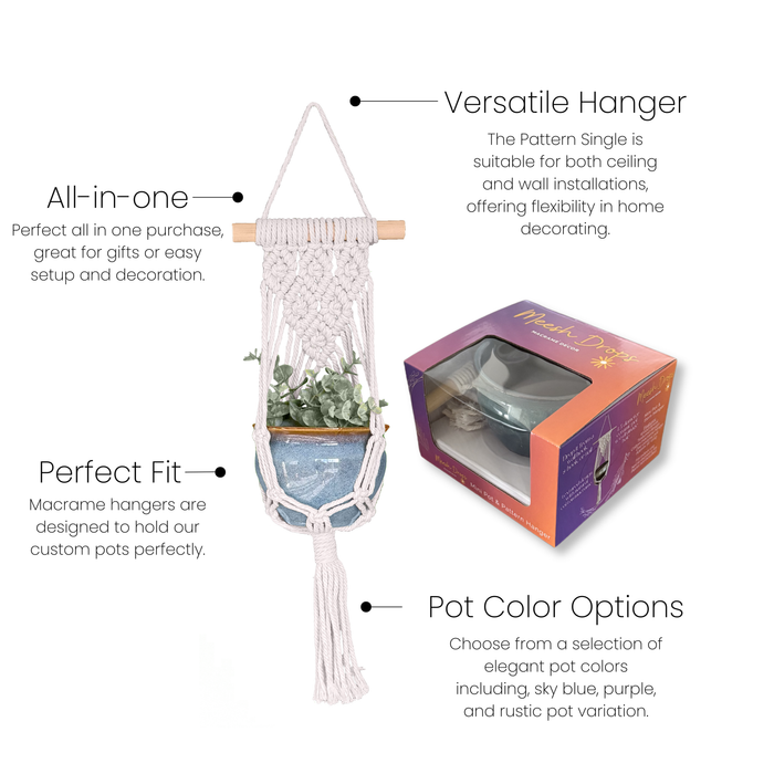 blue macrame plant hanger Box Set: Pattern Single Macramé Plant Hanger & Sky Blue Ceramic Pot — Ellington Agway