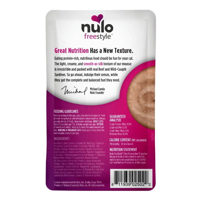 Nulo FreeStyle Silky Mousse Beef & Sardine Recipe for Cats 2.8oz