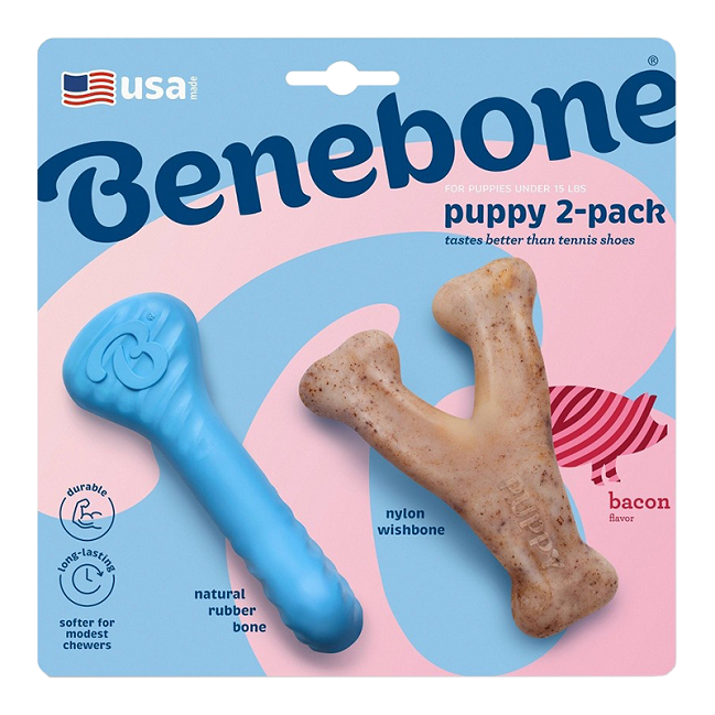 Benebone Puppy 2-Pack, Bacon Wishbone & Rubber Chew Toy