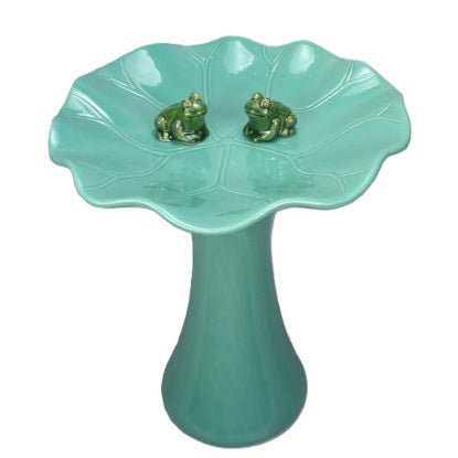 Birdbath, Ceramic Lilypad Shape with Frogs