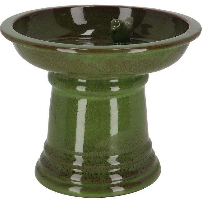 Round Ceramic Bird Bath with Bird Detail - Green Glaze