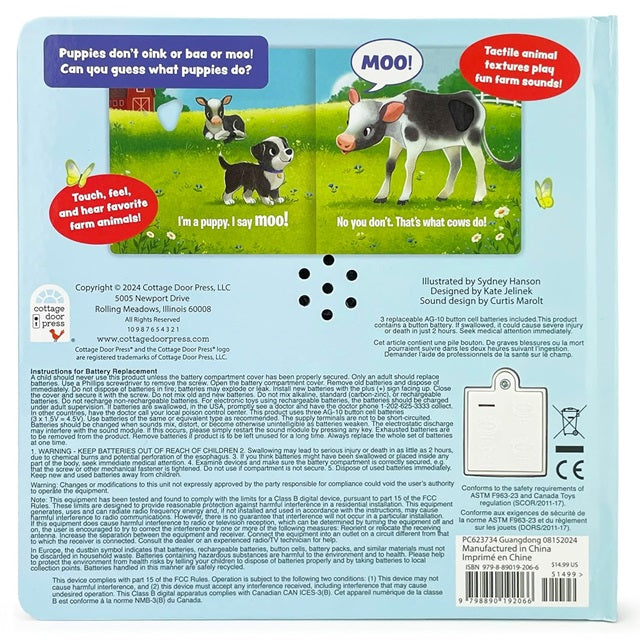 Listen, Touch & Feel Do Puppies Moo? Board Book with Sound