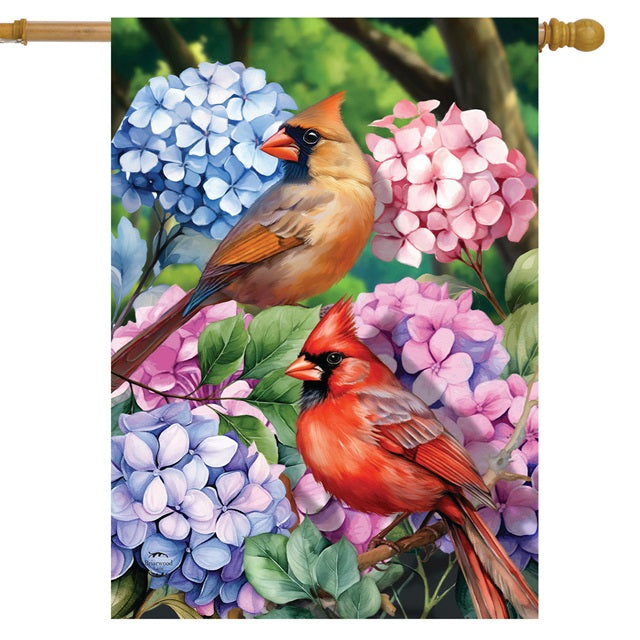 Perched Cardinals & Hydrangeas House Flag