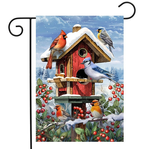 Winter Birdhouse Gathering Garden Flag