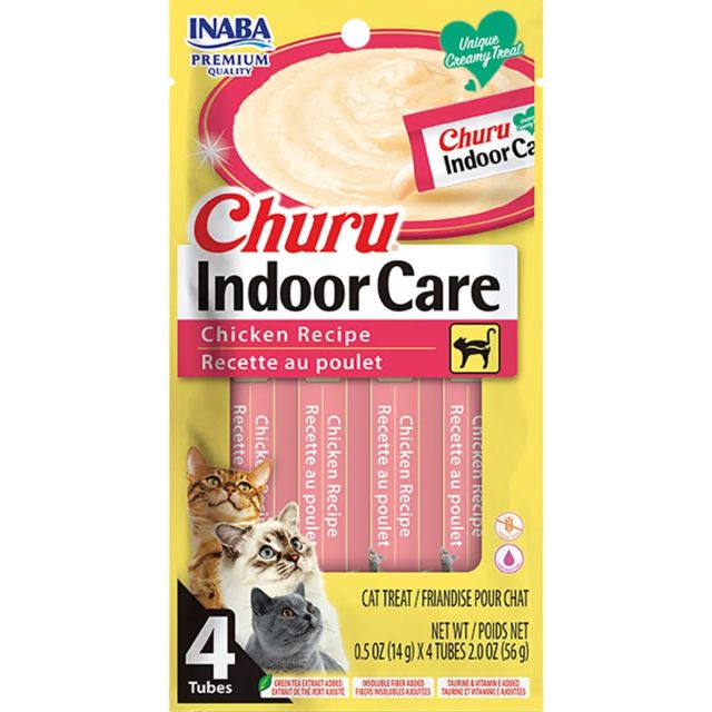 Churu Indoor Care Chicken Recipe Creamy Puree Grain-Free Lickable Cat Treat 0.5 oz Tube 4-Pack