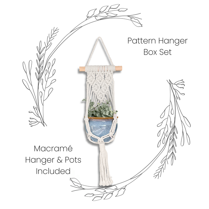 macrame plant hanger set Box Set: Pattern Single Macramé Plant Hanger & Sky Blue Ceramic Pot