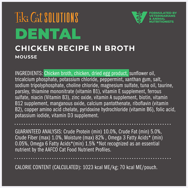 Tiki Cat Solutions Mousse Dental Chicken in Broth Wet Cat Food 2.4oz Pouch