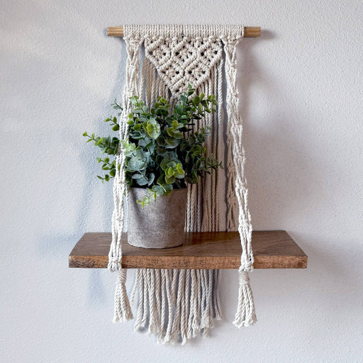 macrame plant shelf hanger Meesh Drops 055710 12 in. WS-020-NAT-18 Macrame Light Diamonds Pattern MP4 Wall Shelf, White