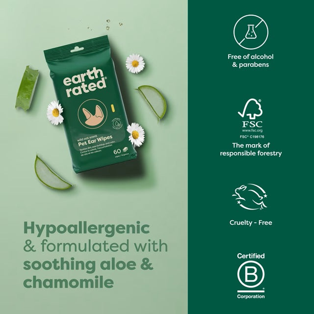 Earth Rated Hypoallergenic Pet Ear Wipes Wild Oat Scent, 60 count