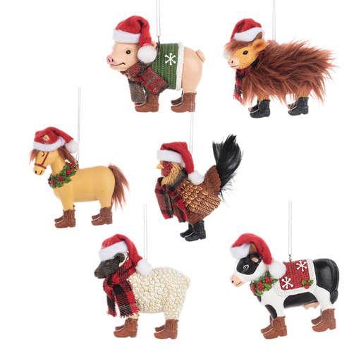 Farm Animal in Santa Hat Ornament - Assorted