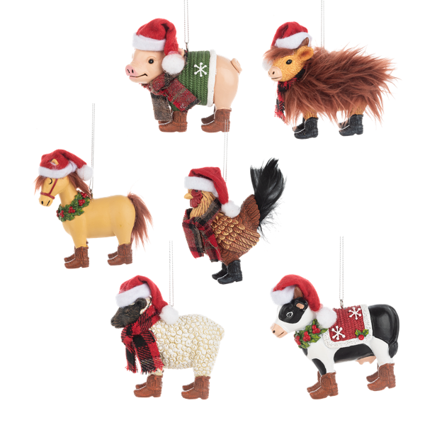 Farm Animal in Santa Hat Ornament - Assorted