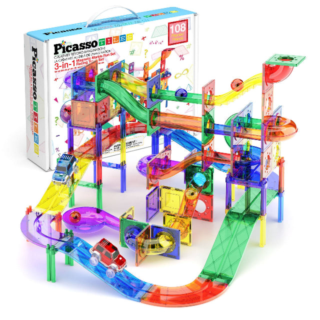 PicassoTiles 108pc Magnetic Marble Run & Racing Track Building Set