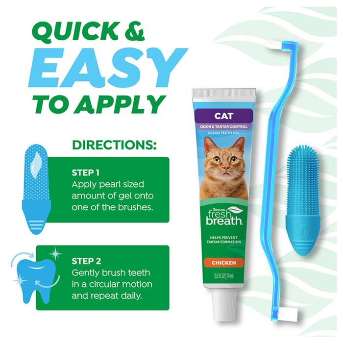 TropiClean Cat Fresh Breath Odor & Tartar Control Dental Kit, Chicken Flavored