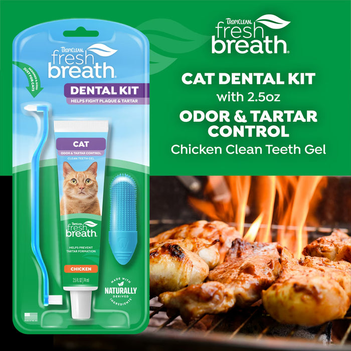 TropiClean Cat Fresh Breath Odor & Tartar Control Dental Kit, Chicken Flavored