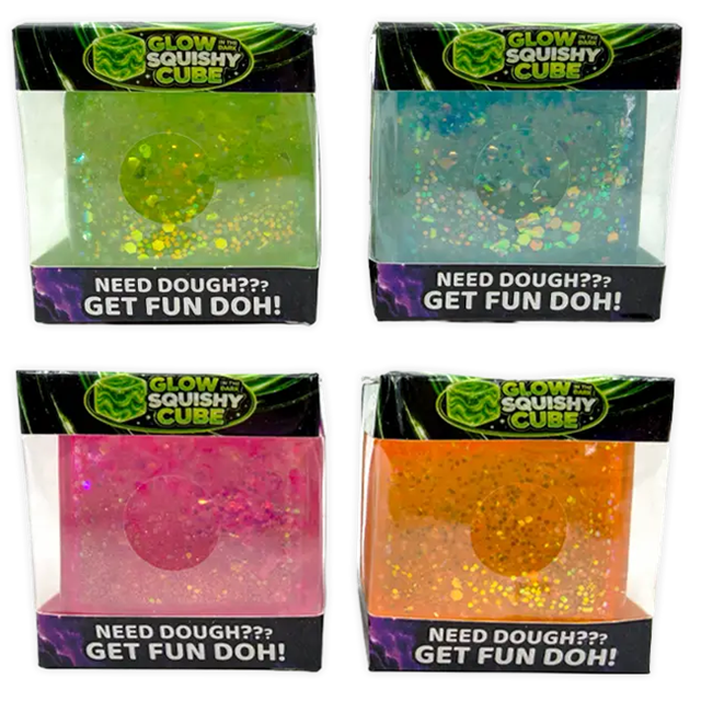 Fun Doh Glow in the Dark Squishy Sparkle Cube, Assorted Colors