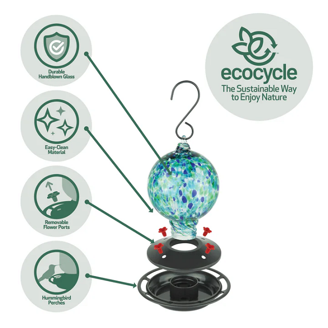 EcoCycle™ Garden Globe Handblown Recycled Glass Hummingbird Feeder