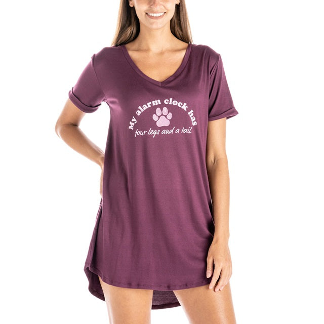 Hello Mello Women's V-Neck Sleep Shirt, My Alarm Clock Has Four Legs and a Tail