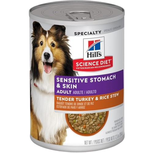 Science Diet Adult Sensitive Stomach & Skin Tender Turkey & Rice Stew Wet Dog Food, 12.8-oz Can